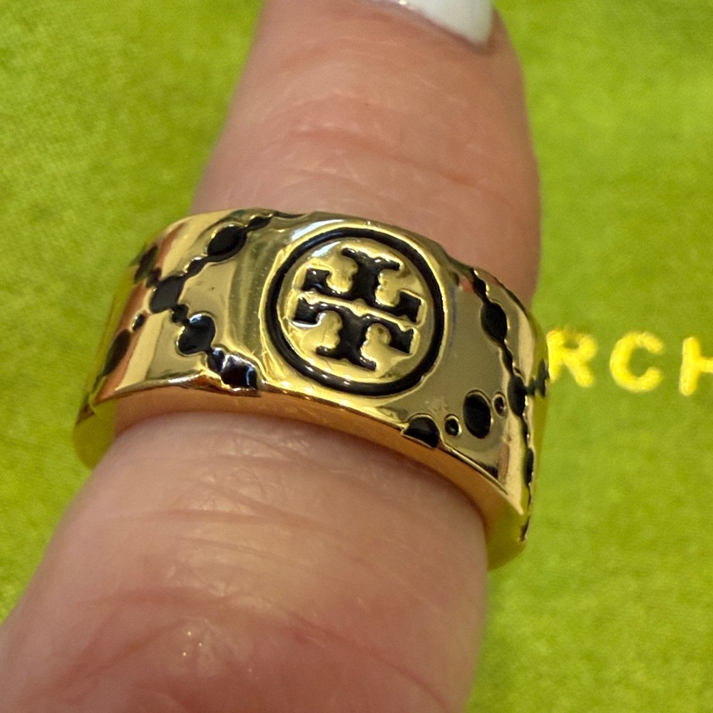 Tory Burch Gold Tone Ring with Black Enamel Logo Accents - Picture 4 of 4